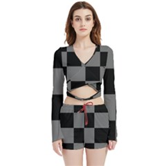 Black Gingham Check Pattern Velvet Wrap Crop Top And Shorts Set by yoursparklingshop