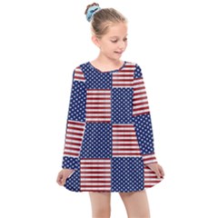 Red White Blue Stars And Stripes Kids  Long Sleeve Dress by yoursparklingshop