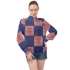 Red White Blue Stars And Stripes High Neck Long Sleeve Chiffon Top by yoursparklingshop