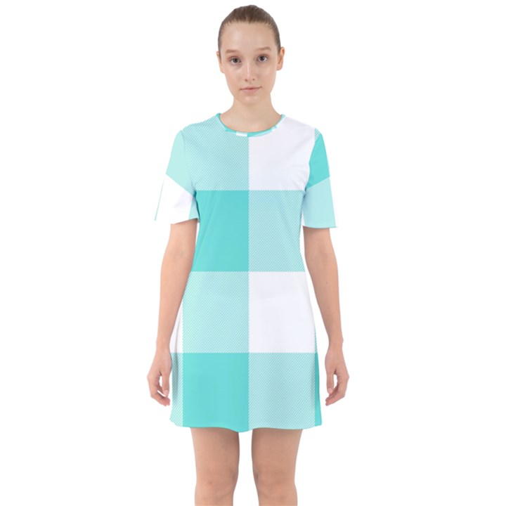 Turquoise And White Buffalo Check Sixties Short Sleeve Mini Dress