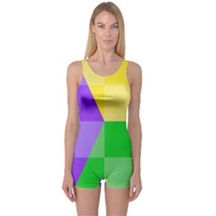Purple Yellow Green Check Squares Pattern Mardi Gras One Piece Boyleg Swimsuit by yoursparklingshop