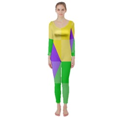 Purple Yellow Green Check Squares Pattern Mardi Gras Long Sleeve Catsuit by yoursparklingshop