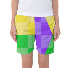 Purple Yellow Green Check Squares Pattern Mardi Gras Women s Basketball Shorts by yoursparklingshop