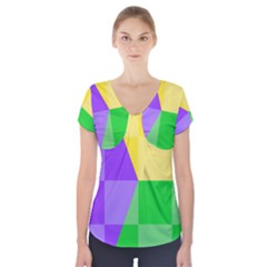 Purple Yellow Green Check Squares Pattern Mardi Gras Short Sleeve Front Detail Top by yoursparklingshop