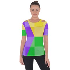 Purple Yellow Green Check Squares Pattern Mardi Gras Shoulder Cut Out Short Sleeve Top by yoursparklingshop