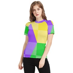 Purple Yellow Green Check Squares Pattern Mardi Gras Women s Short Sleeve Rash Guard by yoursparklingshop