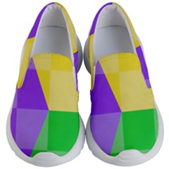 Purple Yellow Green Check Squares Pattern Mardi Gras Kids Lightweight Slip Ons by yoursparklingshop