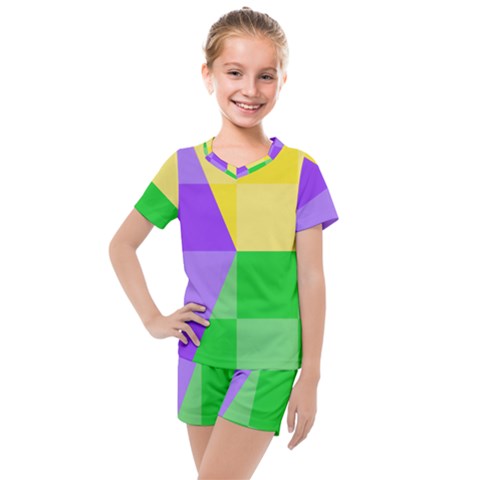 Purple Yellow Green Check Squares Pattern Mardi Gras Kids  Mesh Tee And Shorts Set by yoursparklingshop