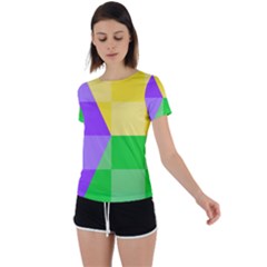 Purple Yellow Green Check Squares Pattern Mardi Gras Back Circle Cutout Sports Tee by yoursparklingshop