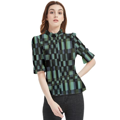 Dark Geometric Pattern Design Frill Neck Blouse by dflcprintsclothing