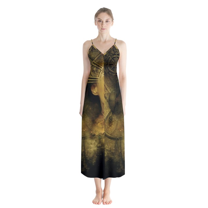 Surreal Steampunk Queen From Fonebook Button Up Chiffon Maxi Dress