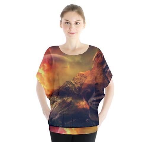 Tiger King In A Fantastic Landscape From Fonebook Batwing Chiffon Blouse by 2853937