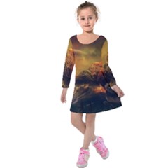 Tiger King In A Fantastic Landscape From Fonebook Kids  Long Sleeve Velvet Dress by 2853937