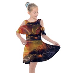 Tiger King In A Fantastic Landscape From Fonebook Kids  Shoulder Cutout Chiffon Dress