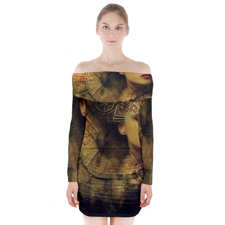 Surreal Steampunk Queen From Fonebook Long Sleeve Off Shoulder Dress