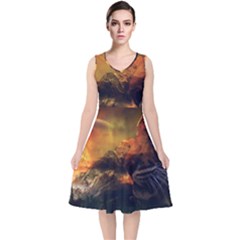 Tiger King In A Fantastic Landscape From Fonebook V-neck Midi Sleeveless Dress  by 2853937