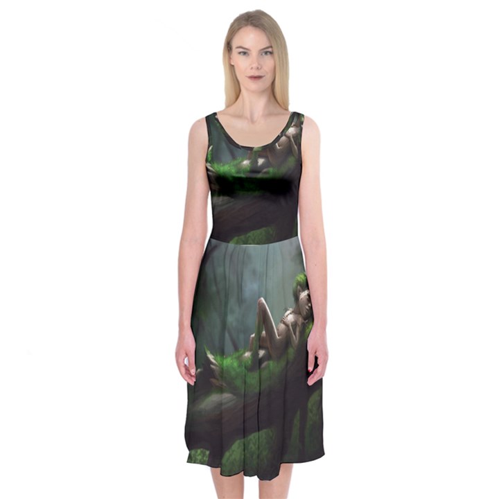 Wooden Child Resting On A Tree From Fonebook Midi Sleeveless Dress
