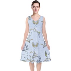 Blue Botanical Plants V-neck Midi Sleeveless Dress  by Abe731