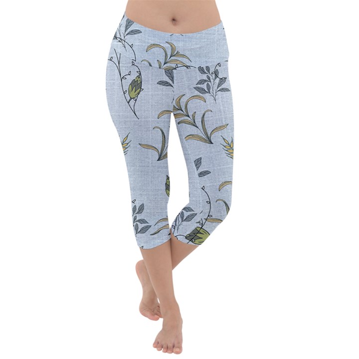 Blue Botanical Plants Lightweight Velour Capri Yoga Leggings