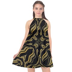 Black And Orange Geometric Design Halter Neckline Chiffon Dress  by dflcprintsclothing