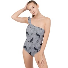 Shepherds Damask Pattern Frilly One Shoulder Swimsuit by Abe731