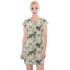 Botanical Cats Pattern Cap Sleeve Bodycon Dress