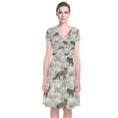 Botanical Cats Pattern Short Sleeve Front Wrap Dress