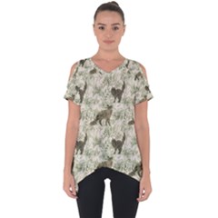 Botanical Cats Pattern Cut Out Side Drop Tee