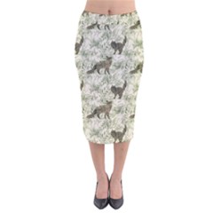 Botanical Cats Pattern Velvet Midi Pencil Skirt