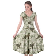 Botanical Cats Pattern Cap Sleeve Wrap Front Dress