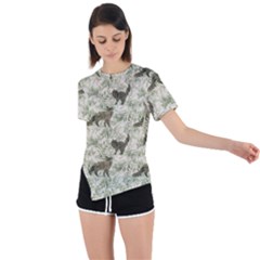 Botanical Cats Pattern Asymmetrical Short Sleeve Sports Tee