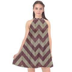 Vintage Grunge Geometric Chevron Pattern Halter Neckline Chiffon Dress 