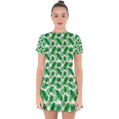 Tropical Leaf Pattern Drop Hem Mini Chiffon Dress