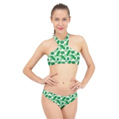 Tropical Leaf Pattern High Neck Bikini Set