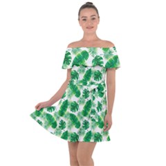 Tropical Leaf Pattern Off Shoulder Velour Dress
