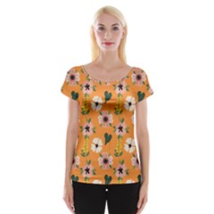 Flower Orange Pattern Floral Cap Sleeve Top