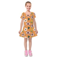 Flower Orange Pattern Floral Kids  Short Sleeve Velvet Dress