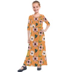 Flower Orange Pattern Floral Kids  Quarter Sleeve Maxi Dress by Dutashop