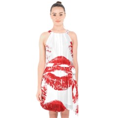 Red Lipsticks Lips Make Up Makeup Halter Collar Waist Tie Chiffon Dress by Dutashop