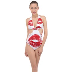 Red Lipsticks Lips Make Up Makeup Halter Front Plunge Swimsuit by Dutashop