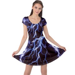 Blue Thunder At Night, Colorful Lightning Graphic Cap Sleeve Dress by picsaspassion
