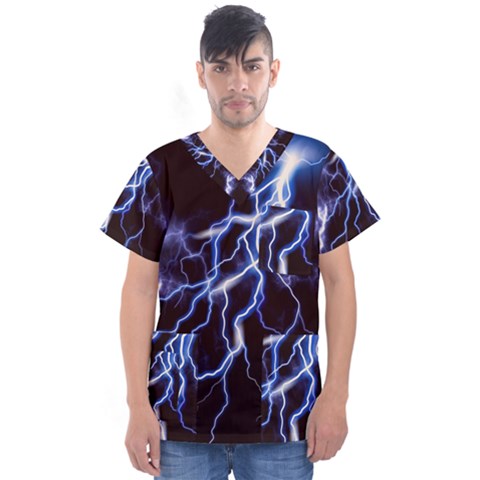 Blue Thunder At Night, Colorful Lightning Graphic Men s V-neck Scrub Top by picsaspassion