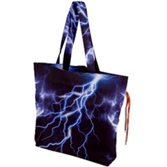 Blue Thunder At Night, Colorful Lightning Graphic Drawstring Tote Bag by picsaspassion