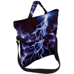 Blue Thunder At Night, Colorful Lightning Graphic Fold Over Handle Tote Bag by picsaspassion