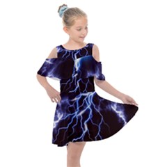 Blue Thunder At Night, Colorful Lightning Graphic Kids  Shoulder Cutout Chiffon Dress