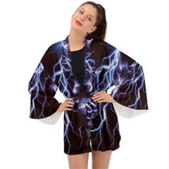 Blue Thunder At Night, Colorful Lightning Graphic Long Sleeve Kimono by picsaspassion