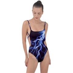 Blue Thunder At Night, Colorful Lightning Graphic Tie Strap One Piece Swimsuit by picsaspassion