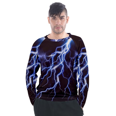 Blue Thunder At Night, Colorful Lightning Graphic Men s Long Sleeve Raglan Tee by picsaspassion