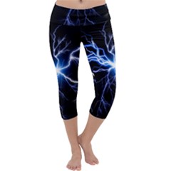 Blue Electric Thunder Storm, Colorful Lightning Graphic Capri Yoga Leggings by picsaspassion