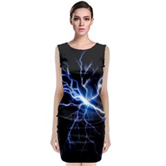Blue Electric Thunder Storm, Colorful Lightning Graphic Sleeveless Velvet Midi Dress by picsaspassion
